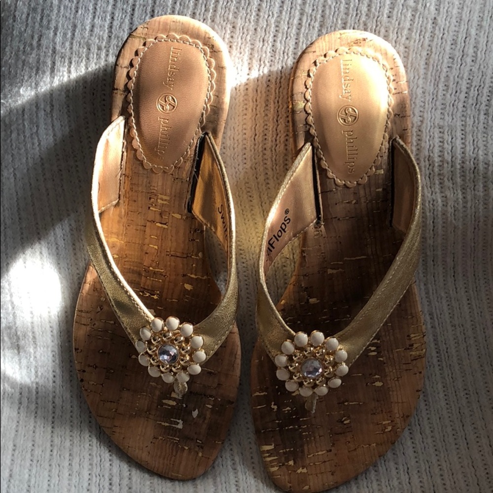 Beautiful Gold & Crystal And Cork Sandals